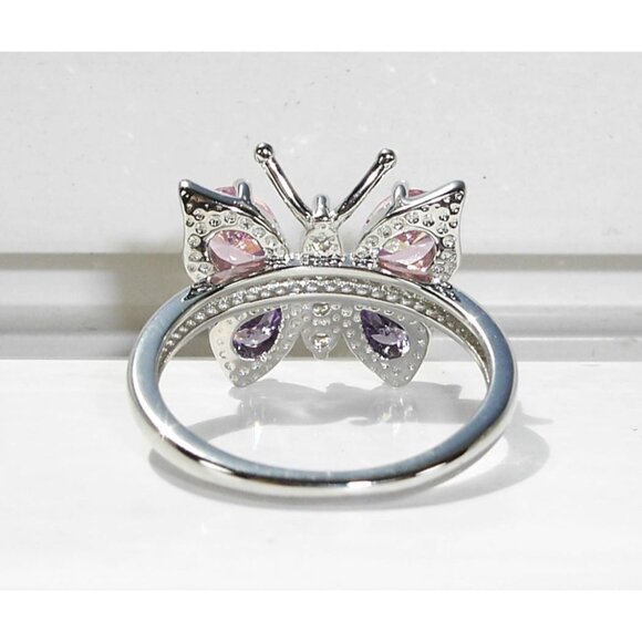 925 STERLING SILVER Simulated Amethyst & Pink Sapphire CZ Butterfly Ring - Picture 9 of 16
